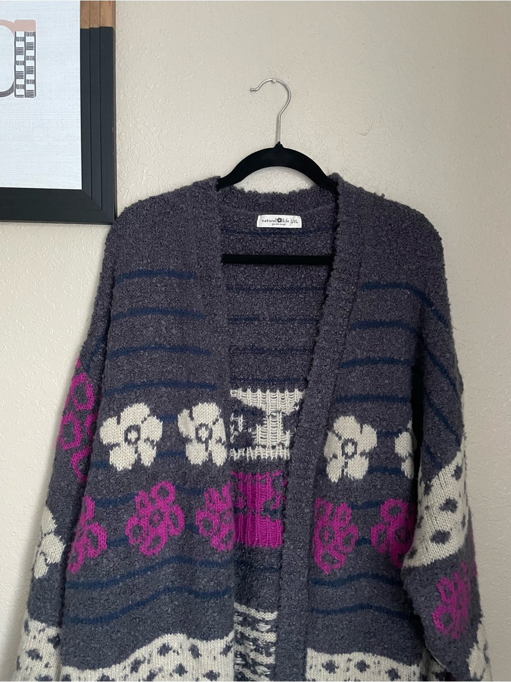 Natural Life Calla Jacquard Cardigan Sweater Size L/XL Charcoal Flower Boho Fun - Picture 7 of 11